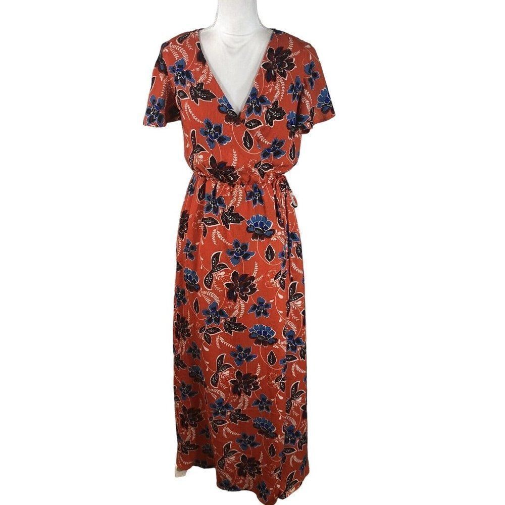 Crescent Surplice Mock Wrap Maxi Dress Small Flutter Sleeve Coral Floral Print